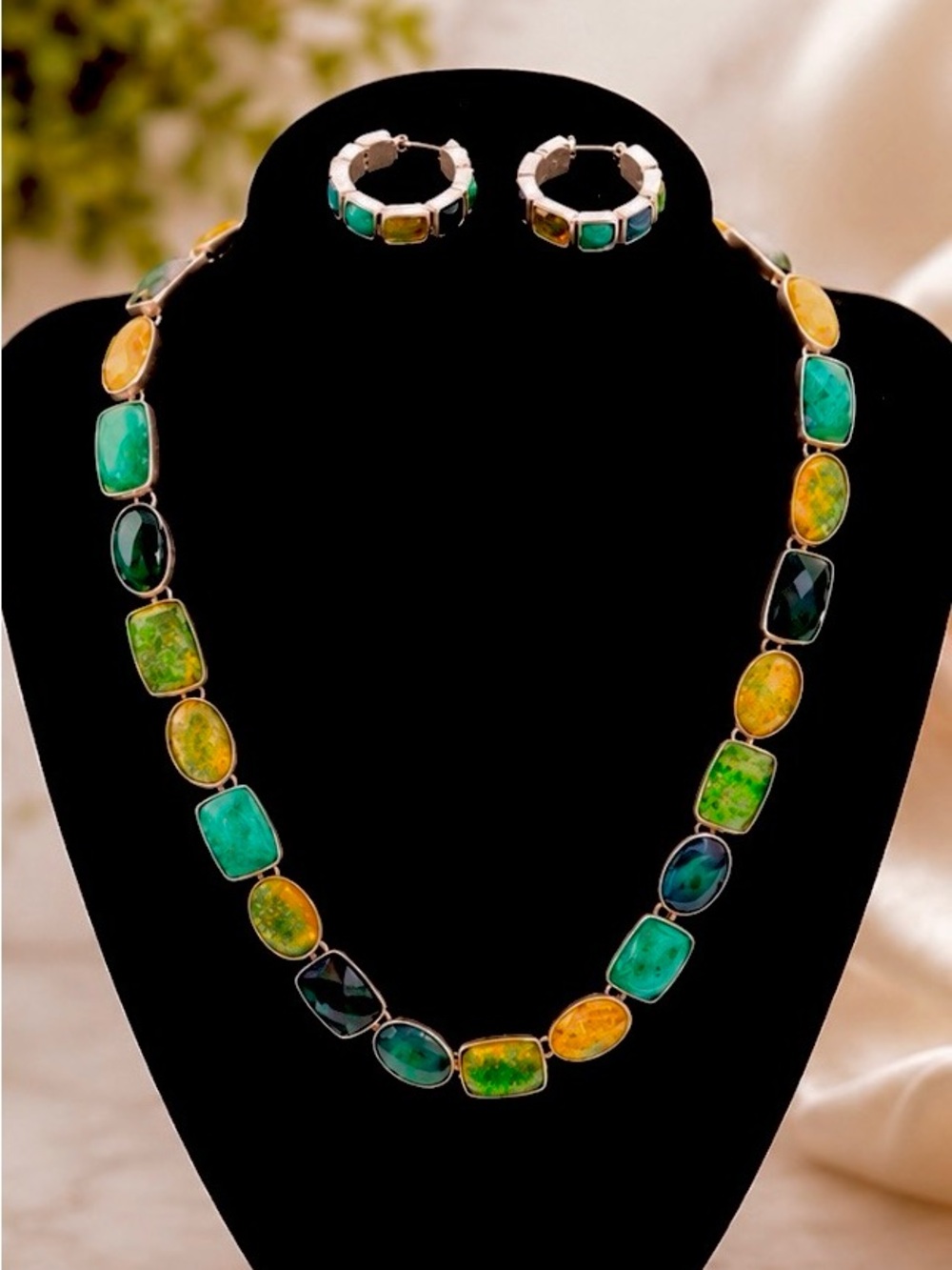 Liz ClaiborneTeal Gemstone Link Necklace with Matching Hoop Earrings